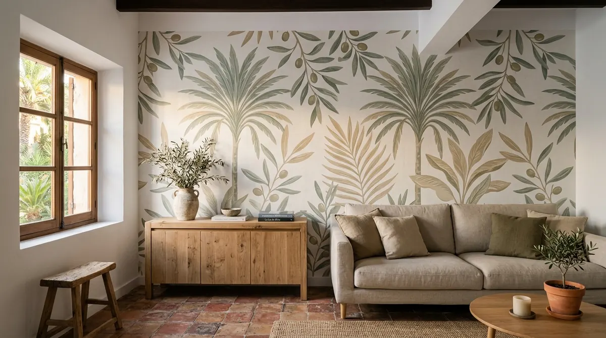 Salón con papel pintado botánico